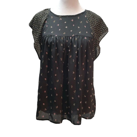 GAP Tops - Gap Women Black Pink Floral Flutter Sleeve Cottage Boho Chiffon Career Blouse XS